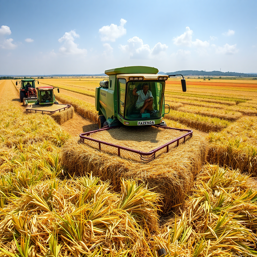 A wide-angle, photorealistic image of a vast field of hay being harvested at FAZENDA NAYANAF. Modern harvesting equipment is being used, highlighting the efficiency and technology involved in the production process. African workers are operating the machinery with expertise. The overall scene conveys a sense of productivity and quality. The background shows the beautiful Angolan landscape. 4k resolution.