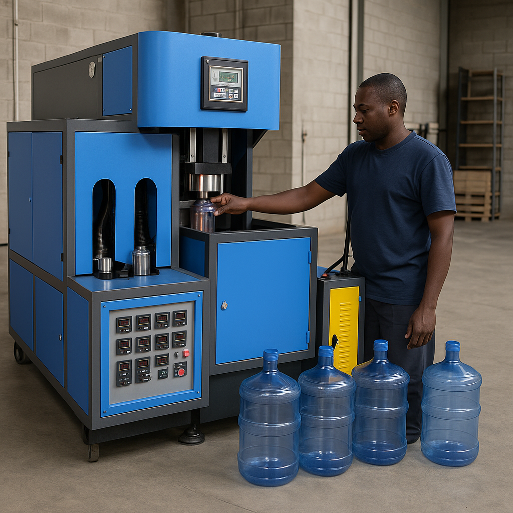 Create a photorealistic image of a bottling line filling 20-liter water bottles. The bottles should be moving smoothly along the conveyor belt. The lighting should be bright and efficient, emphasizing the speed and precision of the process. The color palette should be dominated by whites and silvers. The style should be industrial and modern, showcasing the technology and efficiency of the production line. Technical specs: 4K resolution, high quality, focus on detail and realism.