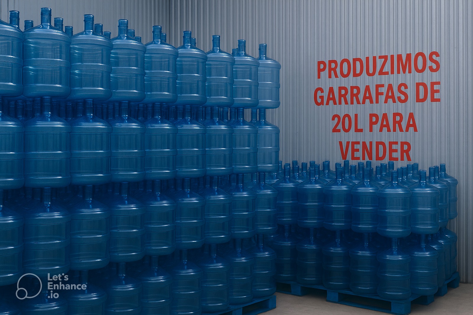Create an aerial view of a large warehouse filled with stacks of 20-liter water bottles. The warehouse should be well-organized and clean. The lighting should be bright and even, showcasing the scale of the operation. The color palette should be dominated by blues and whites. The style should be industrial and impressive, conveying a sense of scale and capacity. Technical specs: 4K resolution, high quality, focus on capturing the vastness of the warehouse.