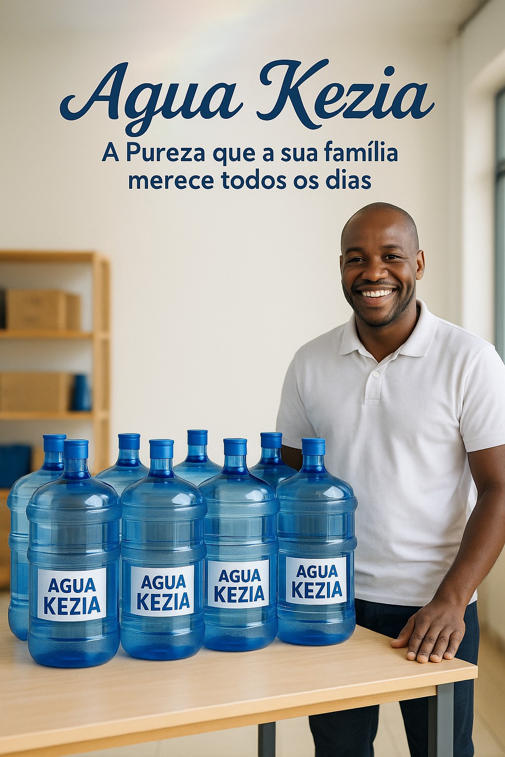 Create a photorealistic image for the 'About Us' section of a water filtration company's website. The image should feature a diverse family (African parents and their children) happily drinking water from glasses filled from a Kezia 20-liter bottle. The setting should be a bright, modern kitchen, suggesting a healthy and happy home environment. Focus on warm, inviting lighting to create a welcoming atmosphere. The color palette should include soft blues, greens, and yellows. Use a medium camera angle to capture the family's expressions and the details of the kitchen. Ensure the Kezia water bottle is prominently displayed but not overly emphasized. The style should be realistic and heartwarming, resembling a high-quality stock photo. Technical specs: 4K resolution, high quality, focus on realistic skin tones and natural expressions.