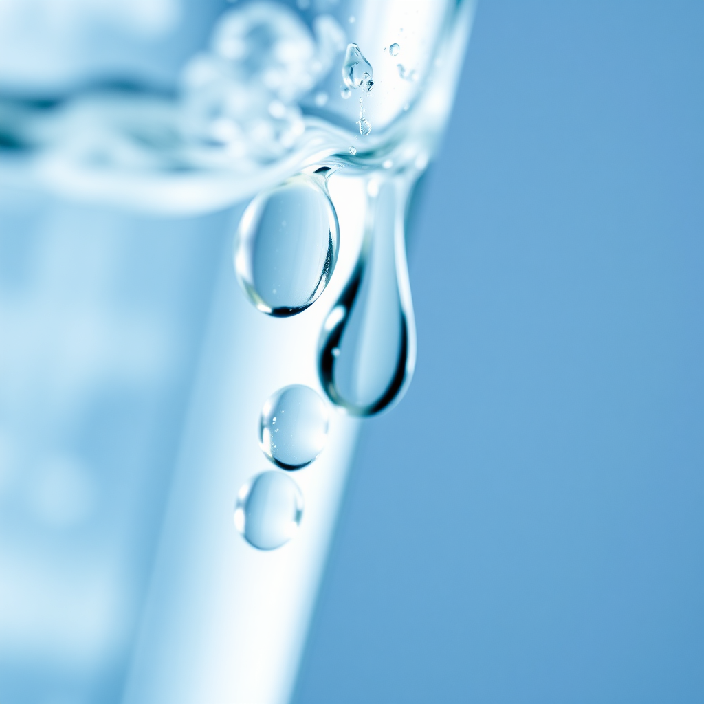 Create a close-up, macro shot of water droplets clinging to the side of a glass. The water should appear exceptionally clear and pure. The lighting should be soft and diffused, emphasizing the transparency and texture of the water. The color palette should be dominated by whites and blues, with subtle hints of green. The style should be artistic and visually appealing, similar to a high-end beverage advertisement. Technical specs: 4K resolution, high quality, focus on detail and clarity.