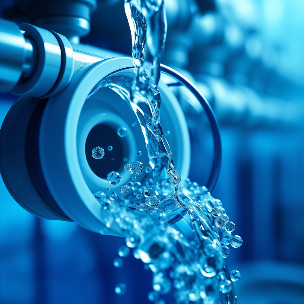 Create a close-up photorealistic image of water flowing through a high-tech filtration system. Focus on the filters removing impurities, with a microscopic view of contaminants being filtered out. Use a blue and white color palette to emphasize cleanliness. The lighting should highlight the clarity of the water.
