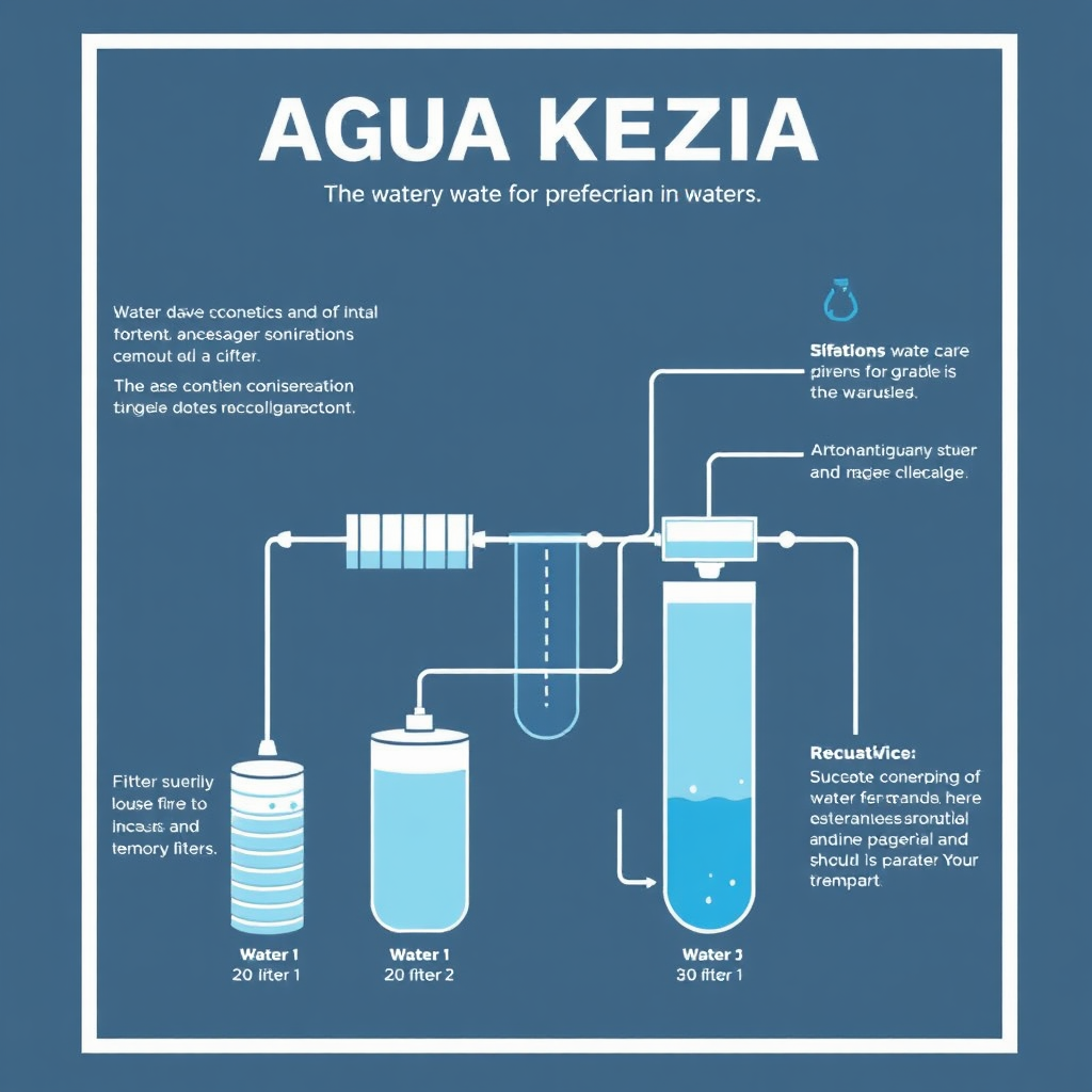 Create a diagram or infographic illustrating the various stages of water filtration used by 'AGUA KEZIA'. Show the different filters and purification processes. Use a clean, informative style.