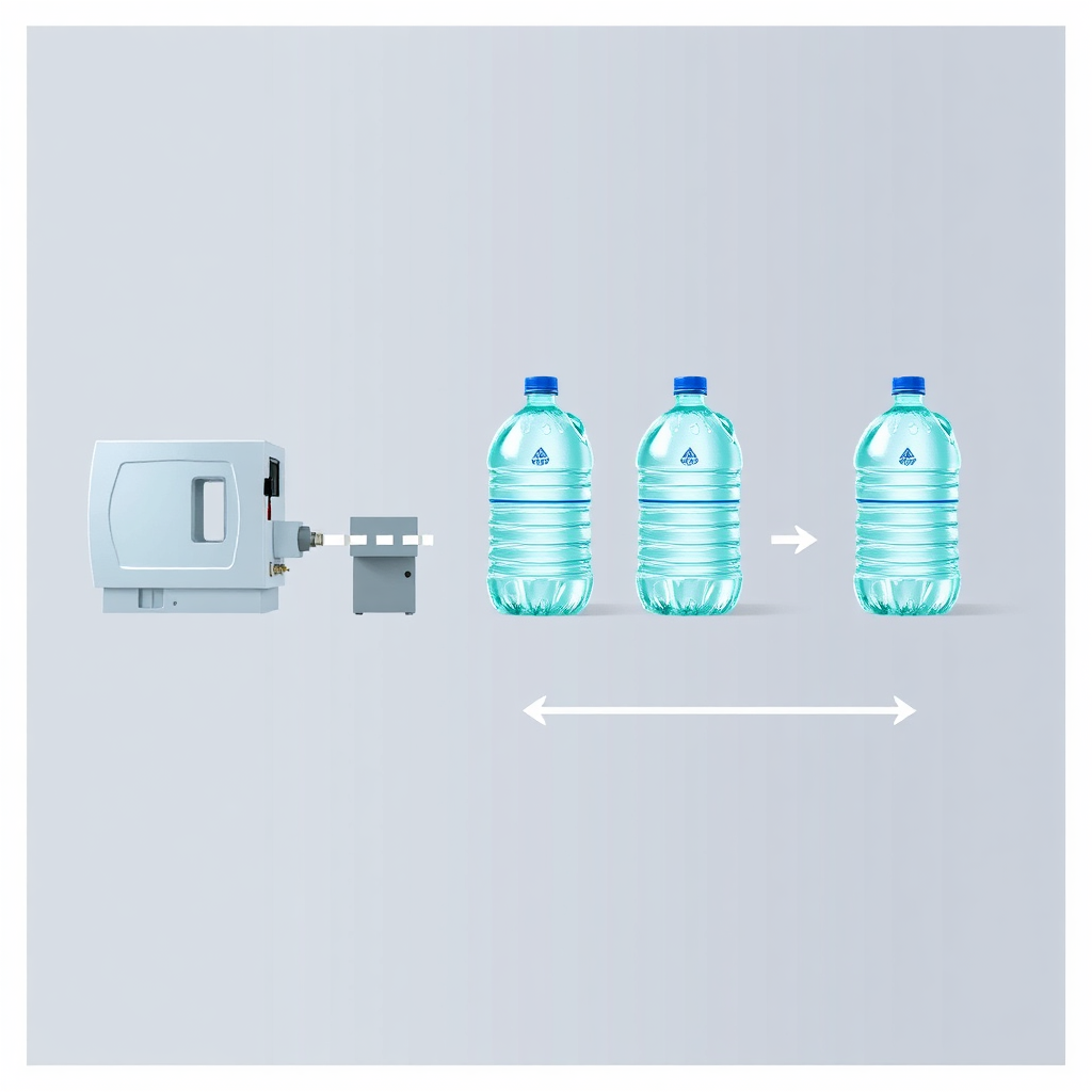 Create a dynamic image showing the entire production line of 20-liter water bottles, from molding to filling and sealing. Emphasize the speed and efficiency of the process. Use a modern, industrial style.
