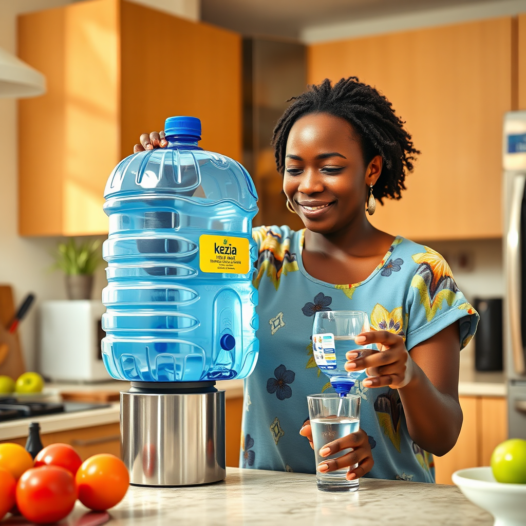 Create a photorealistic image of a busy African woman easily dispensing water from a Kezia 20-liter water bottle into a glass in her home kitchen. The setting is a modern kitchen with various appliances. The lighting is bright and natural. The camera angle is medium to capture the woman's actions and the details of the kitchen. The style is practical and relatable. Technical specs: 4K resolution, high quality, focus on capturing the convenience and ease of use.