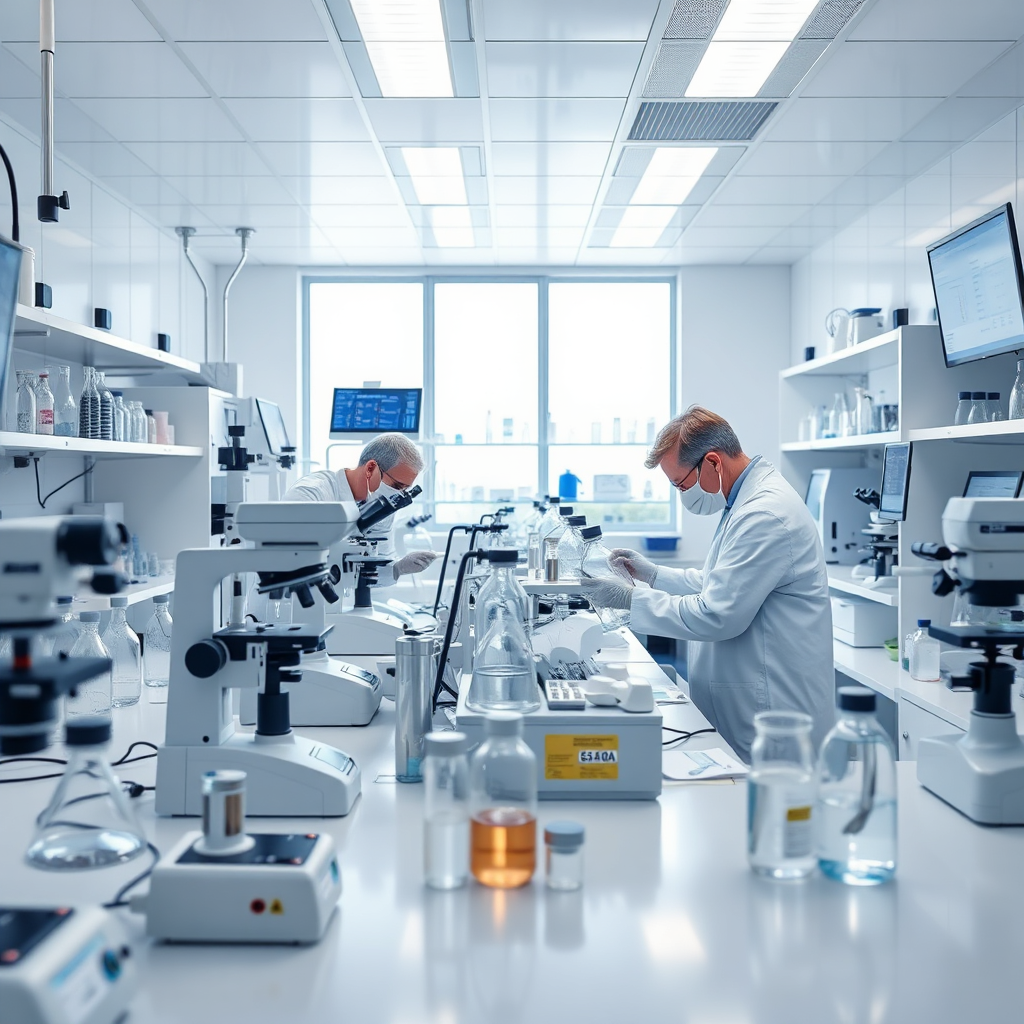 Create a photorealistic image of a laboratory setting with various testing equipment and technicians conducting water quality tests. Show beakers, microscopes, and digital displays showing test results. The lighting should be bright and sterile, emphasizing cleanliness and precision. The color palette should be dominated by whites and blues. The style should be professional and scientific, conveying a sense of trust and reliability. Technical specs: 4K resolution, high quality, focus on detail and accuracy.