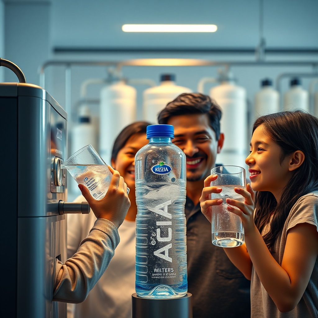 Create a photorealistic image representing the essence of 'AGUA KEZIA' and its mission of water filtration and 20-liter bottle production. The image should feature a family happily drinking water from a dispenser using an 'AGUA KEZIA' 20-liter bottle. The background should subtly display a modern water filtration plant, clean and efficient. The lighting should be warm and inviting, highlighting the family's joyful expressions. Use a color palette of natural blues and greens to convey purity and health. The camera angle should be at eye level, creating a sense of connection. Capture details like water droplets on the glass and the clarity of the water. The environment should suggest a comfortable home setting with a hint of the advanced technology behind the water's purity. Style references could include lifestyle photography with a focus on health and well-being. The image should be in 4K resolution with high-quality rendering to ensure clarity and detail.