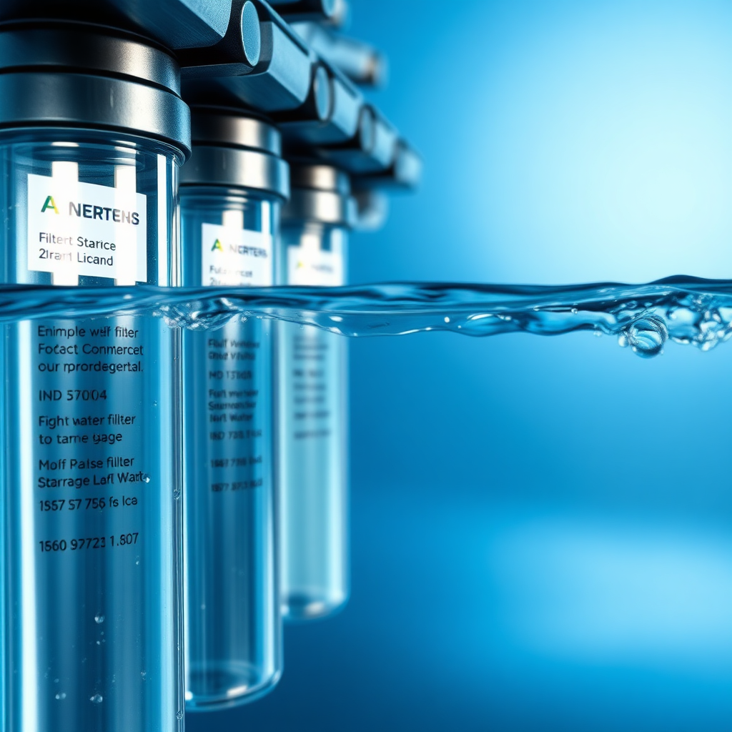 Create a photorealistic image showing water being filtered through a series of advanced filters. The filters should be clearly visible and labeled, showcasing the different stages of purification. Use a close-up shot to emphasize the purity of the water as it passes through each filter. The lighting should be bright and clean, highlighting the clarity of the water. The color palette should be dominated by blues, whites, and silvers. Technical specs: 4K resolution, high quality, focus on detail and realism.