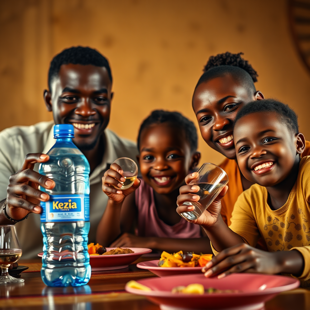 Create a photorealistic image of a happy African family (parents and two children) drinking water together at a dinner table. The focus is on their smiling faces and the Kezia 20-liter water bottle in the background. The lighting is warm and inviting, creating a sense of togetherness. The color palette is bright and cheerful. The camera angle is slightly low to capture everyone's expressions. The style is family-friendly and realistic. Technical specs: 4K resolution, high quality, focus on capturing genuine emotions.