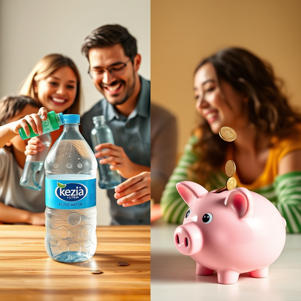 Create a split-screen image. On one side, depict a family happily refilling their reusable water bottles from a 20-liter bottle of Kezia filtered water. On the other side, show coins being saved in a piggy bank, symbolizing cost savings. The lighting should be bright and cheerful, emphasizing the positive aspects of reusability and savings. The color palette should be warm and inviting, with a focus on greens and yellows. The style should be practical and relatable, highlighting the benefits of making a smart and sustainable choice.