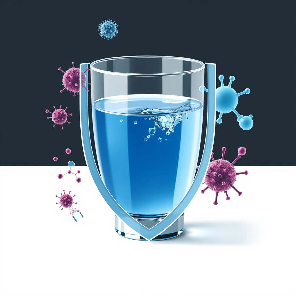 Create a visual representation of a shield protecting a glass of water from harmful elements like bacteria, viruses, and chemical pollutants. The shield should be transparent, allowing the water to be clearly visible. Use a contrasting color palette, with bright, clean colors for the water and shield, and darker, muted colors for the harmful elements. The style should be modern and reassuring, conveying a sense of protection and safety.