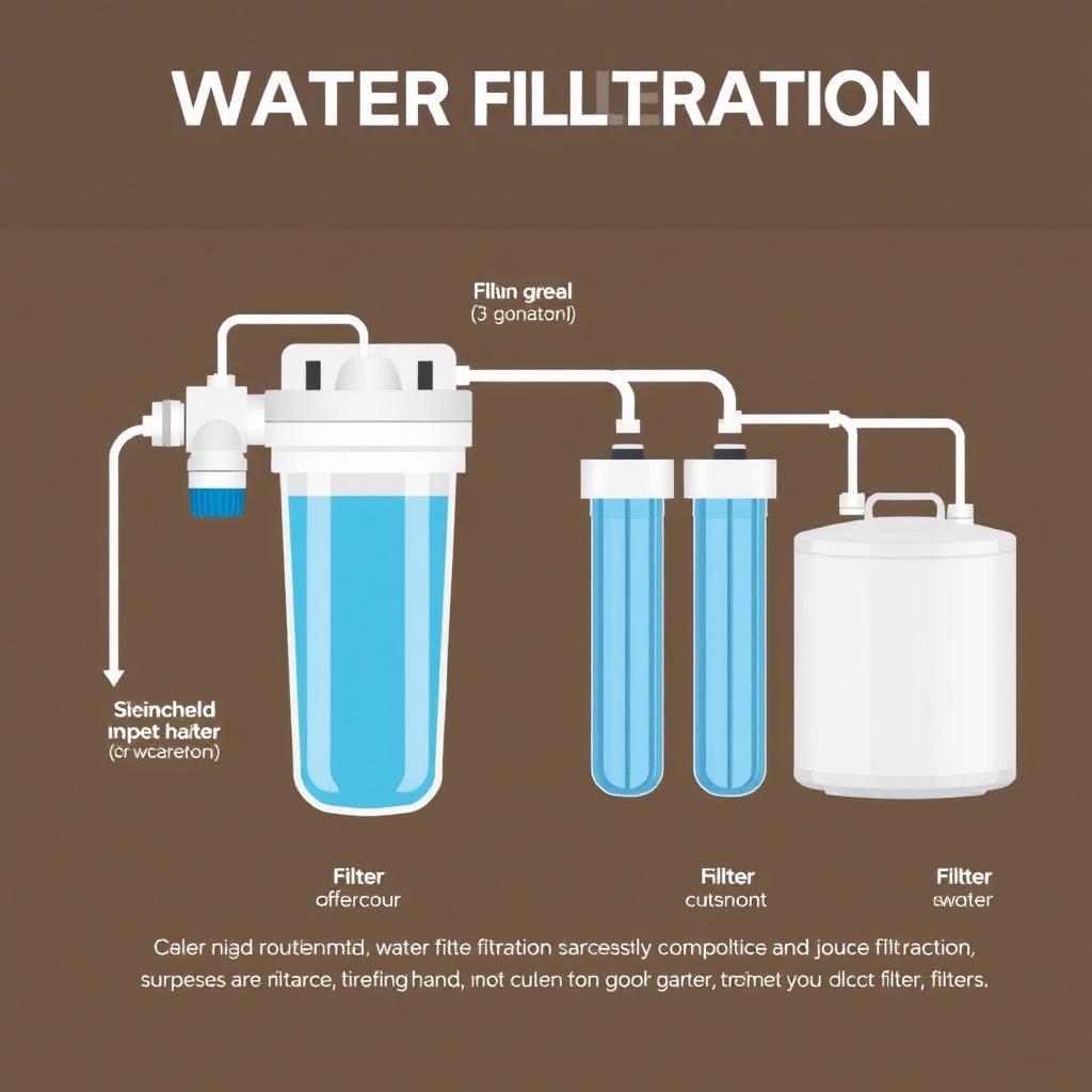 Create a visually appealing representation of the water filtration process, showing the different stages and filters involved. Use a clean and modern style.