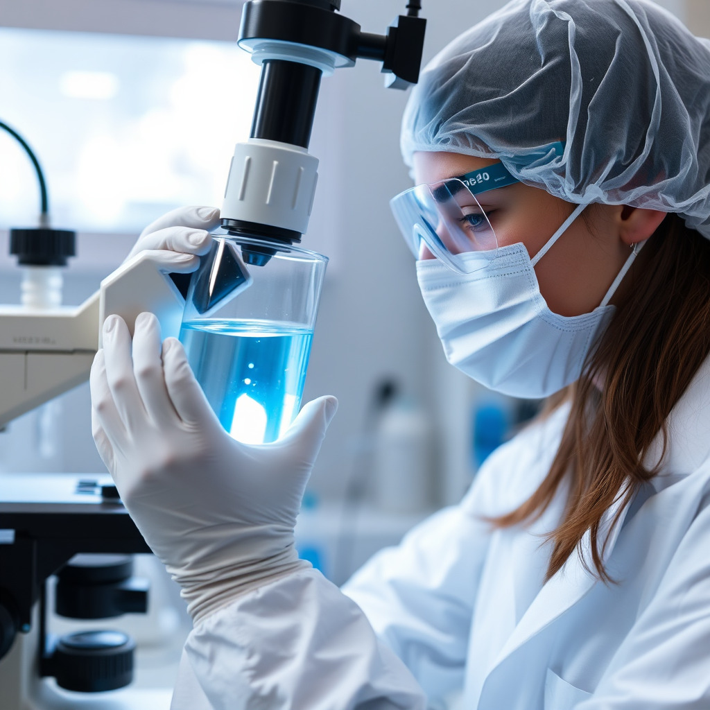 Create an image of a laboratory setting. A technician in a lab coat is holding a beaker of water and testing it under a microscope. Equipment should be modern and sterile. Color should be light and pastel, with soft blue as the main theme. The water being clear and illuminated from within. Conveying accuracy and safety.