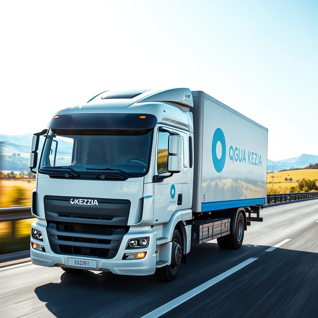 Create an image showing a delivery truck with the ÁGUA KEZIA logo driving down a road. The truck should be clean and modern. The background should be a scenic landscape, representing the delivery route. The lighting should be bright and sunny. The color palette should be dominated by blues and whites. The style should be dynamic and efficient, conveying a sense of speed and reliability. Technical specs: 4K resolution, high quality, focus on visual appeal and dynamism.