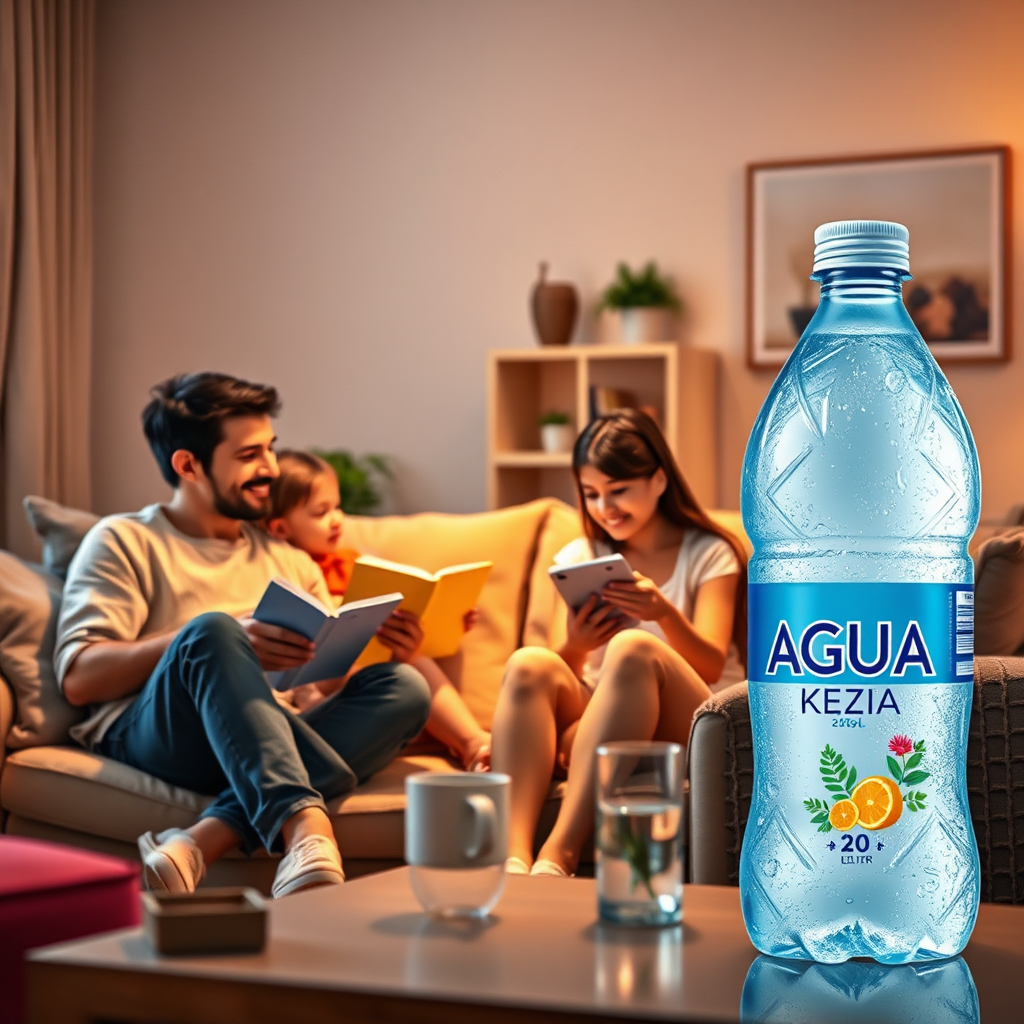 Create an image showing a family relaxing at home with a 20-liter water bottle of ÁGUA KEZIA nearby. The family should be engaged in various activities such as reading, watching TV, or playing games. The setting should be a comfortable and inviting living room. The lighting should be warm and natural. The color palette should be diverse and cheerful. The style should be relaxed and homey, conveying a sense of comfort and convenience. Technical specs: 4K resolution, high quality, focus on capturing the feeling of relaxation and well-being.