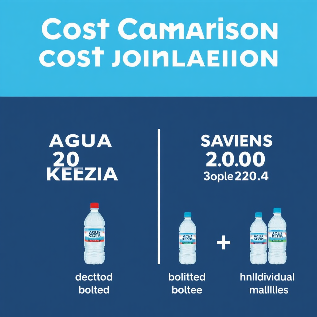 Depict a cost comparison chart visually showing the savings of buying 'AGUA KEZIA' in 20-liter bottles versus smaller individual bottles. Use a clean, minimalist graphic style.