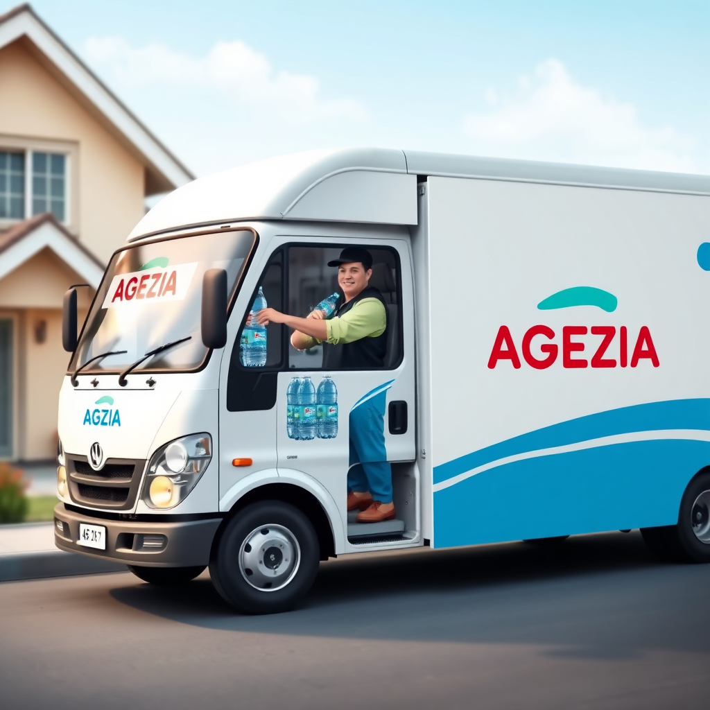 Depict a delivery truck with 'AGUA KEZIA' branding delivering water bottles to a customer's home, emphasizing the speed and reliability of the service.