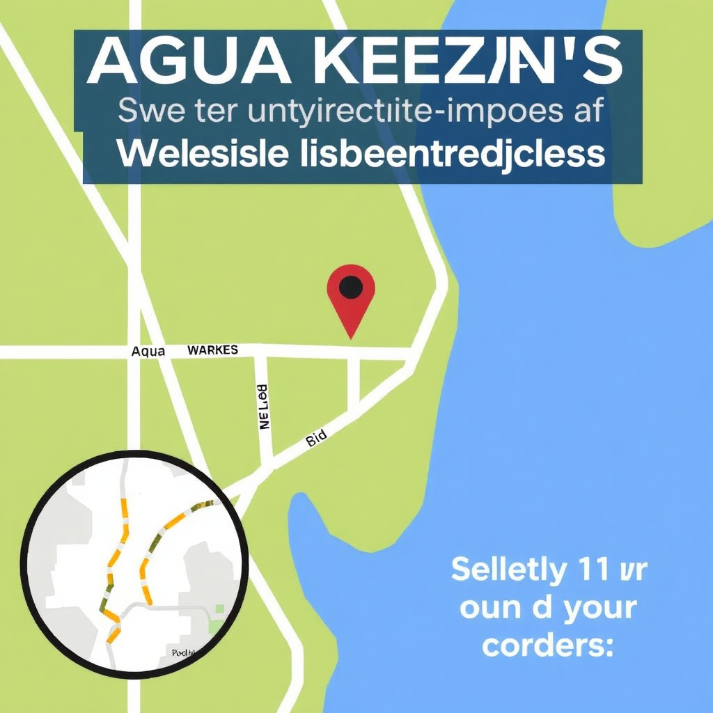 Depict a map or graphic highlighting the accessible location of 'AGUA KEZIA's' warehouse, making it easy for customers to pick up their orders. Use a clean, informative style.