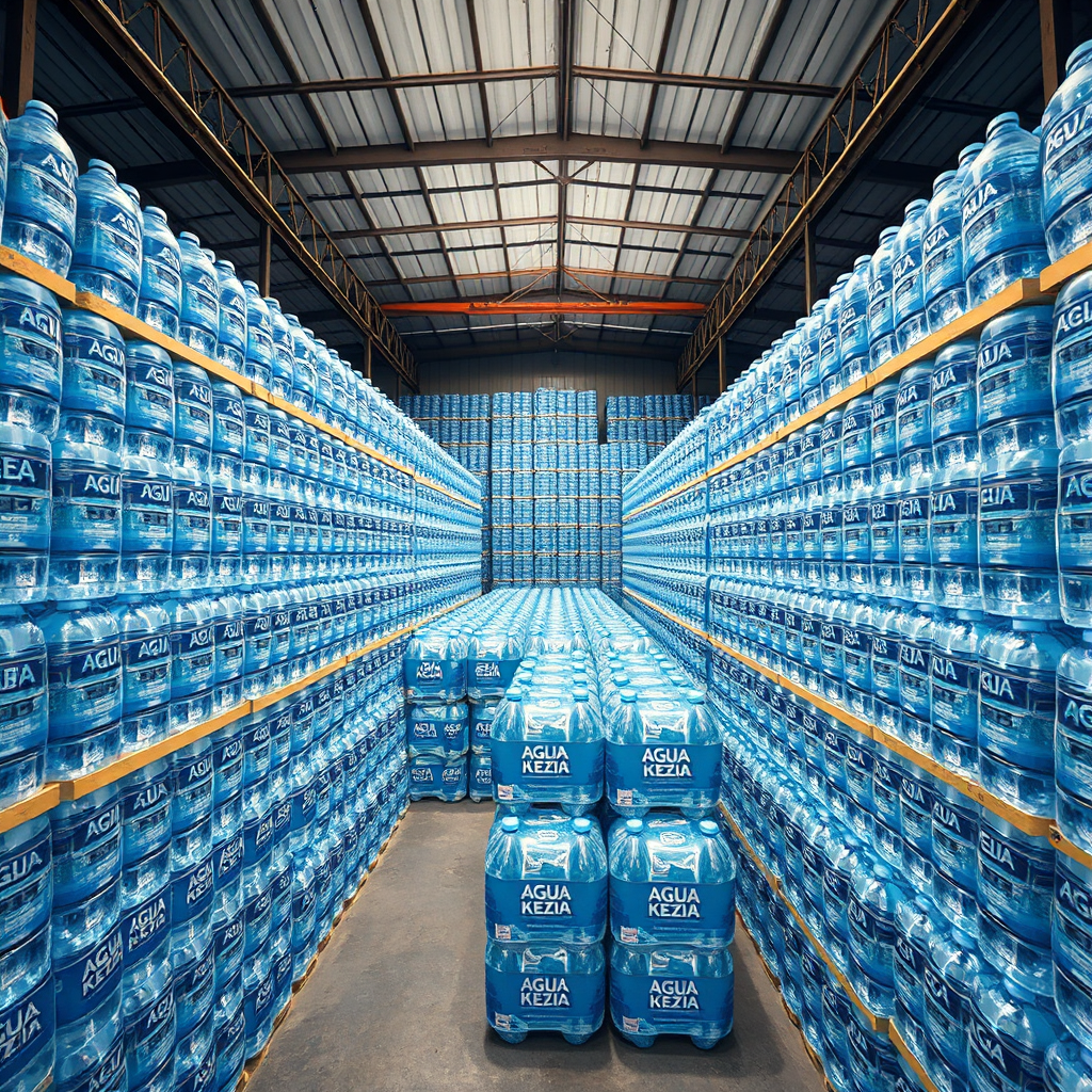 Depict a vast warehouse filled with stacks of 'AGUA KEZIA' 20-liter water bottles ready for distribution. Emphasize the scale of the operation. Use a wide-angle shot to capture the immensity of the warehouse.