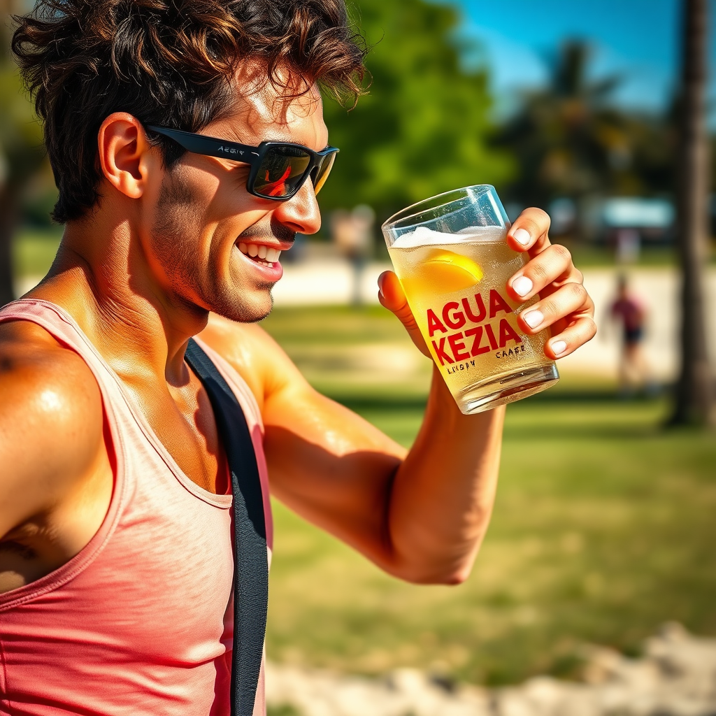 Depict a vibrant, healthy person enjoying a glass of 'AGUA KEZIA' after exercise. Emphasize their energy and vitality. The background should be a natural setting like a park or beach. Use a bright, sunny lighting scheme.