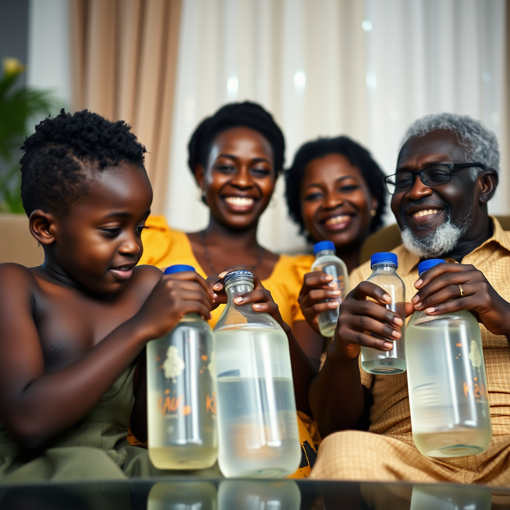 Create an image featuring people of different ages (a child, a teenager, an adult, and a senior) all enjoying water in different settings. Show the child playing, the teenager studying, the adult working, and the senior relaxing. Subtly include a Kezia water bottle in each scene. The lighting should be warm and natural. The color palette should be diverse and inviting. Use a multi-panel composition to showcase the different age groups. The style should be inclusive and heartwarming. Technical specs: 4K resolution, high quality, focus on diversity and relatability.