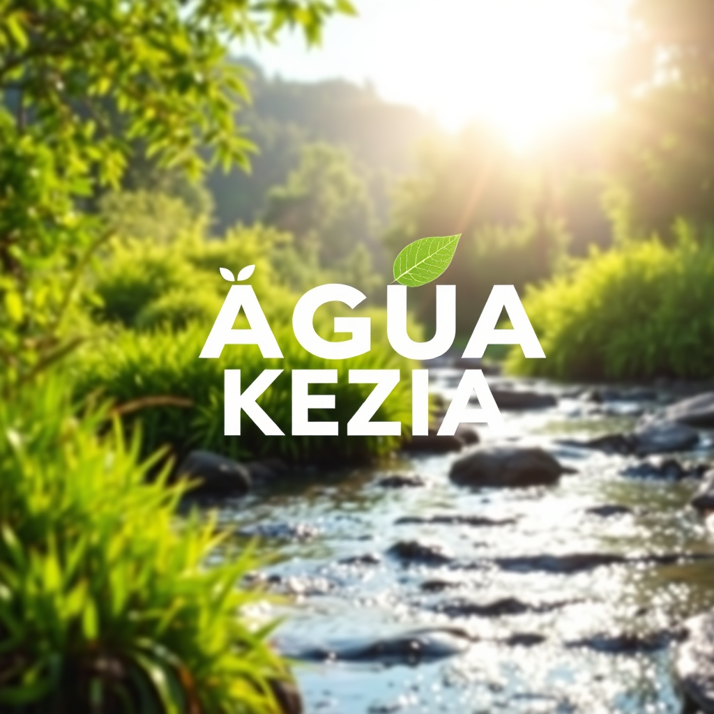 Imagine an image showing the ÁGUA KEZIA logo subtly integrated into a landscape featuring lush greenery, clear water flowing through a stream, and a bright, sunny sky. The logo should be made of leaves. It should have a positive impact on viewers. The style should be natural and eco-friendly.