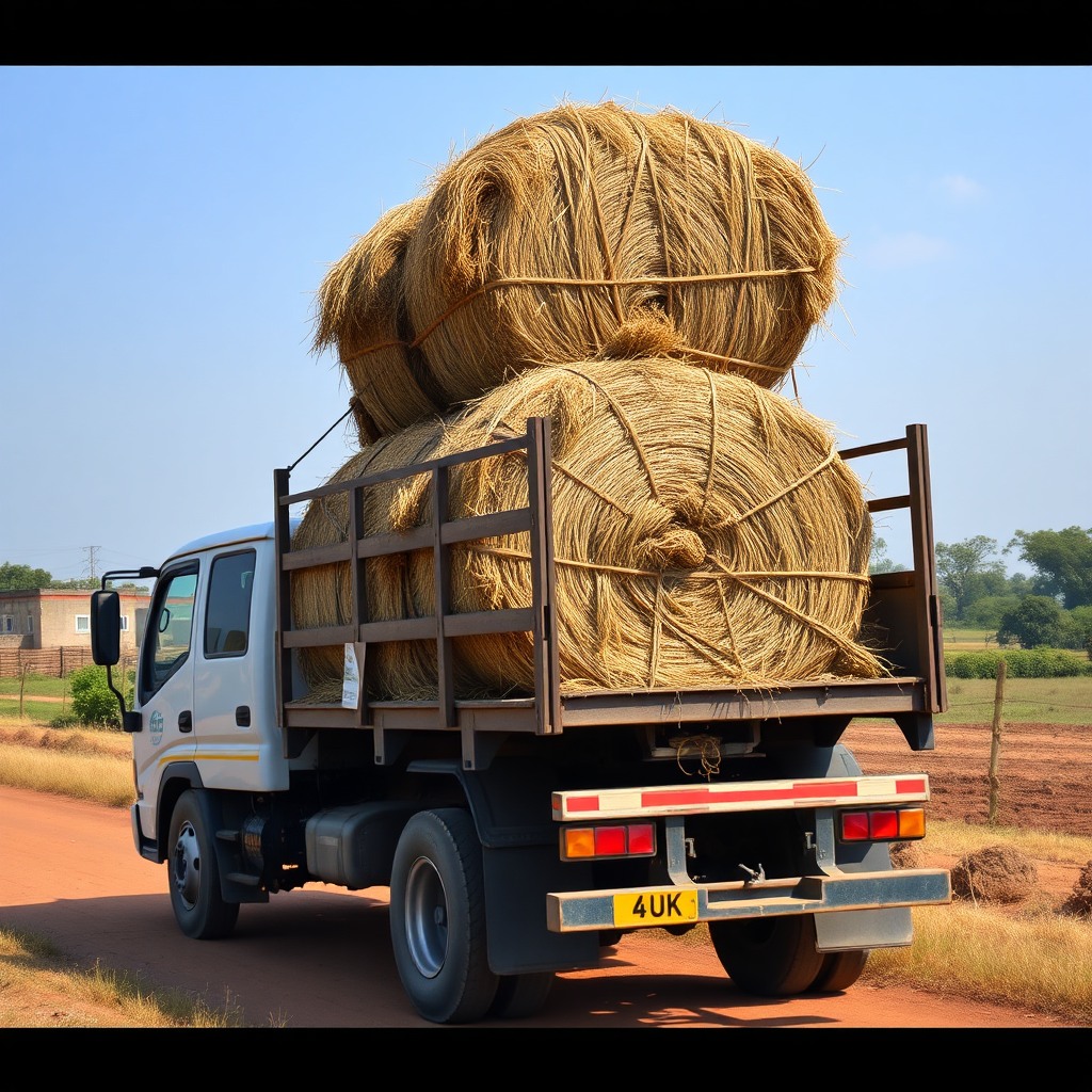 Photorealistic image of a truck loaded with hay bales being delivered to a farm. The truck is modern and clean, and the hay bales are securely fastened. The background is a typical Angolan landscape. 4k resolution.