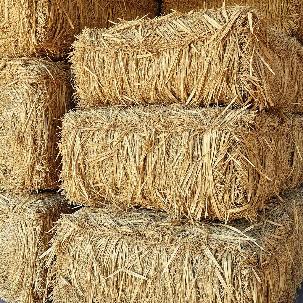 Photorealistic image showcasing perfectly baled, high-quality hay bales stacked neatly and ready for sale. Focus on the texture and color of the hay. Soft, natural lighting.