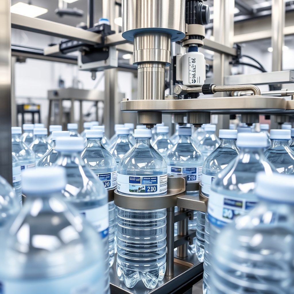 Show a sterile, automated bottling facility where 20-liter water bottles are being filled and sealed. Emphasize the cleanliness and efficiency of the process. Use a bright, clinical lighting scheme.