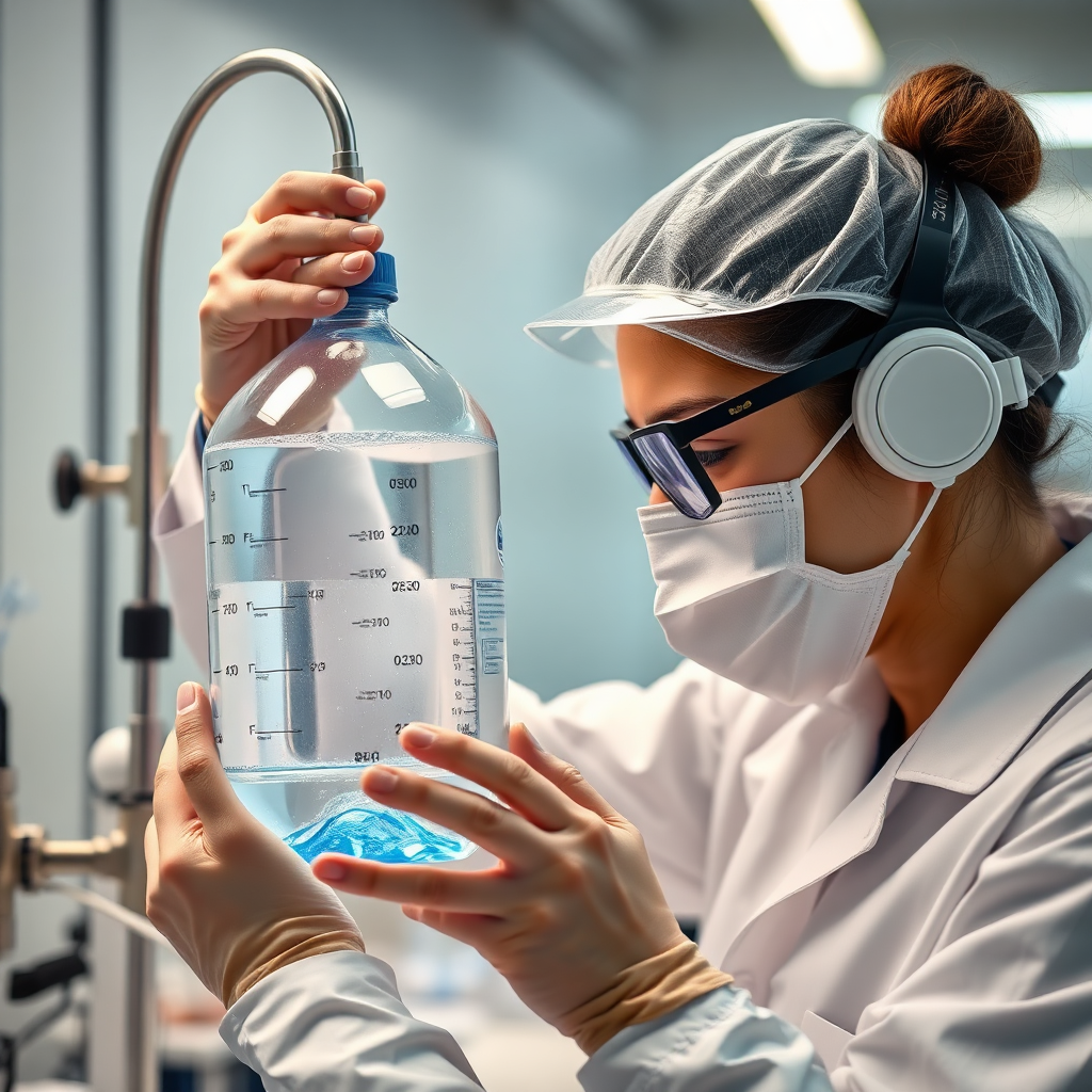 Show a technician meticulously inspecting a filled 20-liter water bottle in a laboratory setting. Emphasize their attention to detail and the use of quality control instruments. Use a clinical, bright lighting scheme.
