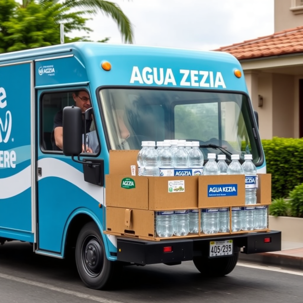 Show an 'AGUA KEZIA' delivery truck efficiently delivering water bottles to a customer's home or business. Emphasize the speed and reliability of the service. Use a dynamic, action-oriented style.