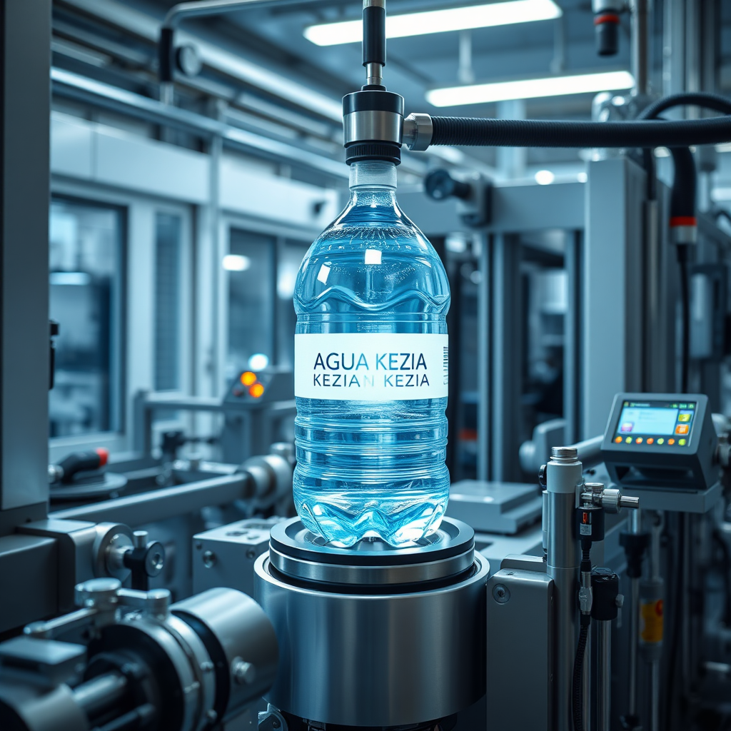 Showcase the advanced technology used in the molding and production of 'AGUA KEZIA's' 20-liter water bottles. Emphasize the precision and quality of the equipment. Use a futuristic, high-tech style.