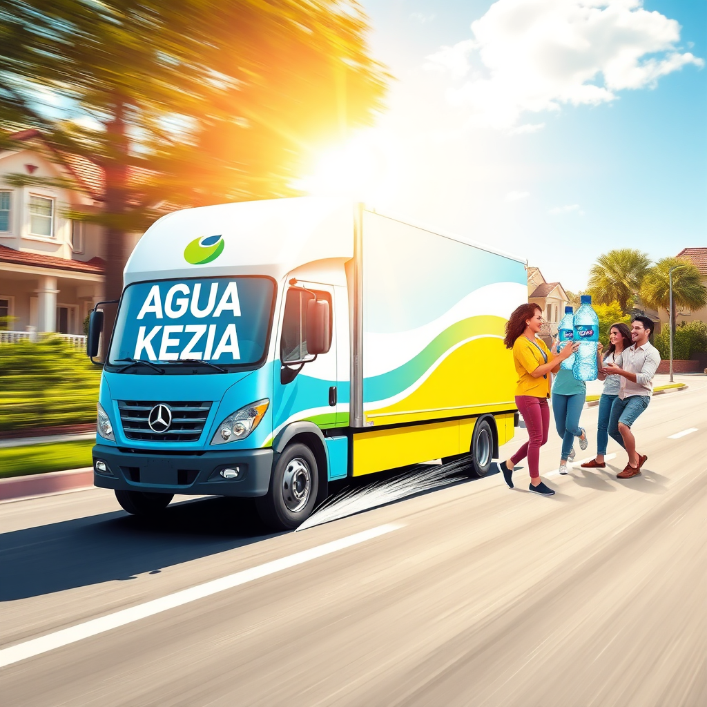 Visualize a delivery truck with the ÁGUA KEZIA logo speeding down a suburban street. Sunlight should reflect off the truck, creating a sense of speed and efficiency. In the background, show happy customers receiving their water bottles. The color palette should be vibrant and energetic, with a focus on blues, whites, and yellows. The style should be modern and dynamic, emphasizing the convenience of fast delivery.