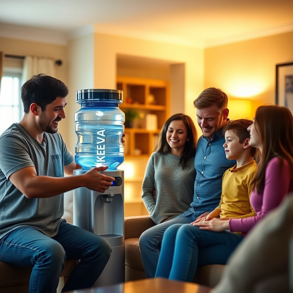 Visualize a family in their home easily dispensing water from an 'AGUA KEZIA' 20-liter bottle using a water cooler. The setting should be a comfortable living room. Use warm, inviting lighting.