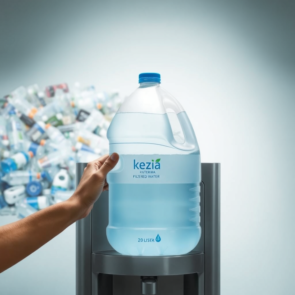 Visualize a hand gently placing a 20-liter bottle of Kezia filtered water onto a water dispenser. In the background, show a subtle, blurred image of a landfill overflowing with plastic bottles, contrasting with the clean and sustainable image in the foreground. The lighting should be soft and natural, emphasizing the positive impact of choosing reusable containers. The color palette should consist of calming blues and greens, representing sustainability and environmental responsibility. The style should be gentle and persuasive, encouraging viewers to make a conscious choice.