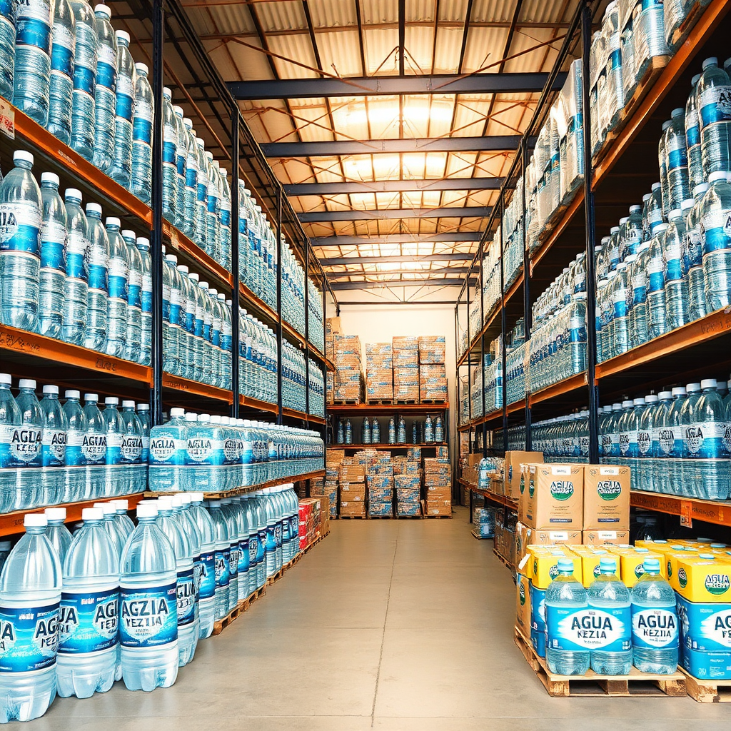 Visualize a well-organized warehouse showcasing various types of 'AGUA KEZIA' 20-liter water bottles and related products. Emphasize the selection and availability. Use a clear, organized style.