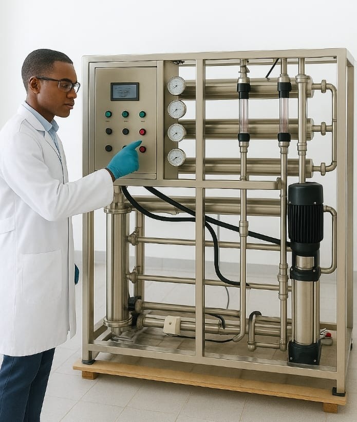 Create a stylized image of a futuristic water filtration system. The system should be sleek and modern, with glowing lights and digital displays. Use abstract shapes and patterns to represent the filtration process. The color palette should be dominated by blues and purples, with accents of white and silver. Consider a slightly overhead angle to showcase the complexity of the system. The style should be futuristic and high-tech, resembling a concept art for a science fiction movie. Technical specs: 4K resolution, high quality, focus on visual appeal and innovation.