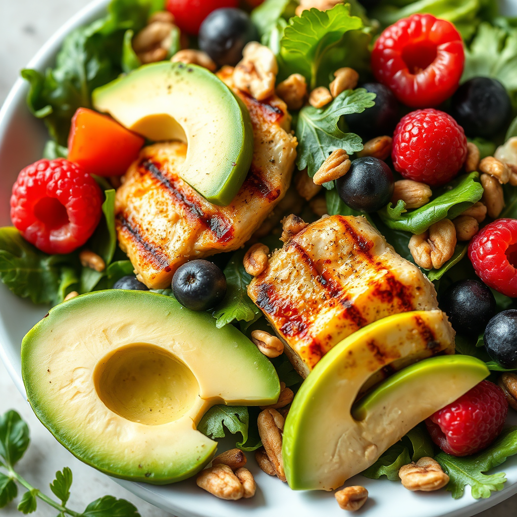 Create a mouth-watering image featuring a healthy and delicious meal designed for perimenopause. The dish is a colorful salad with leafy greens, grilled chicken or fish, avocado, berries, and nuts. The presentation is appetizing and vibrant. The lighting is bright and natural, showcasing the freshness of the ingredients. The color palette includes a variety of bright and vibrant colors from the vegetables, fruits, and protein. The camera angle is a close-up shot, emphasizing the textures and details of the food. Style reference: Food photography, appetizing and vibrant. Technical Specs: 4K resolution, high quality.