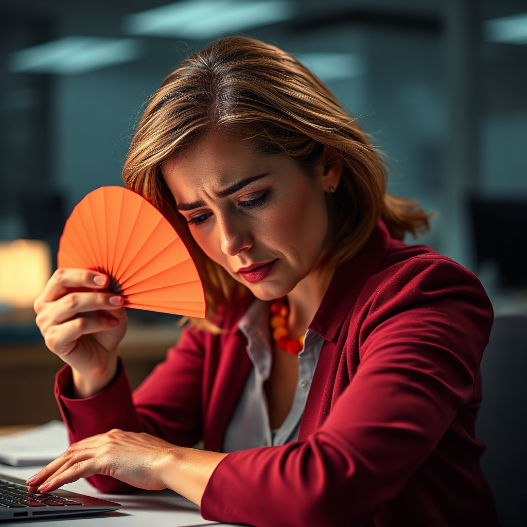 Create a photorealistic image depicting a woman experiencing a hot flash. She is sitting at her desk at work, fanning herself with a concerned expression. Beads of sweat are visible on her forehead. The background is a blurred office environment. Lighting should be dramatic, highlighting the contrast between hot and cool. Color palette should be dominated by warm tones (reds, oranges) to represent the heat, with contrasting cool tones (blues, grays) in the background. Camera angle: close-up, focusing on the woman's face and upper body. Texture details: Sweat, skin texture, office materials. Style: realistic, slightly dramatic. Technical Specs: 4K resolution, high quality.