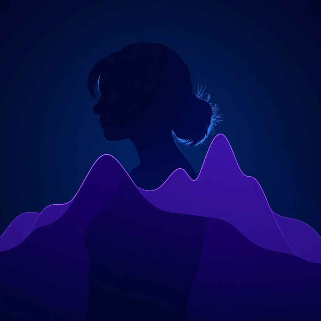 Create a stylized image representing the fluctuating nature of perimenopause symptoms. The scene should depict a graph with peaks and valleys representing the hormonal fluctuations. Overlay these fluctuations onto the silhouette of a woman. The color palette should include shades of purple and blue to represent the emotional aspects of perimenopause. Lighting should be subtle and moody. Camera angle: wide shot to capture the entire visual representation. Texture details should be minimal, focusing on the graphical representation of the symptoms. Style reference: Abstract, conceptual art. Technical Specs: 4K resolution, high quality.