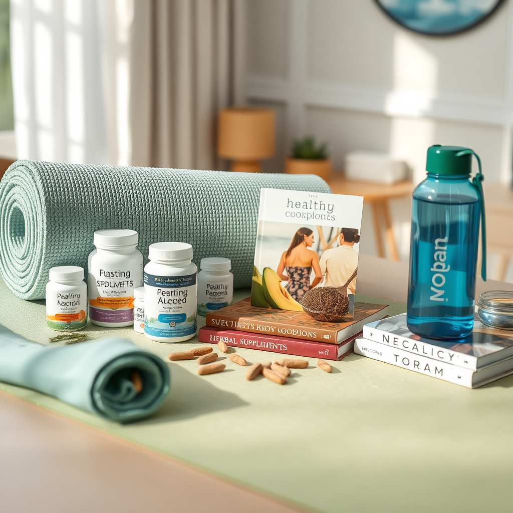 Create a visually appealing image showcasing various solutions for perimenopause symptoms. The scene is a well-organized table featuring items such as herbal supplements, a yoga mat, healthy cookbooks, and a water bottle. Soft, natural lighting enhances the calming atmosphere. The color palette includes soothing greens, blues, and earthy tones. The camera angle is a medium shot, capturing the arrangement of the items on the table. Texture details should be realistic, highlighting the textures of the supplements, the mat, the books, and the water bottle. Style reference: Clean, organized, and visually appealing product photography. Technical Specs: 4K resolution, high quality.