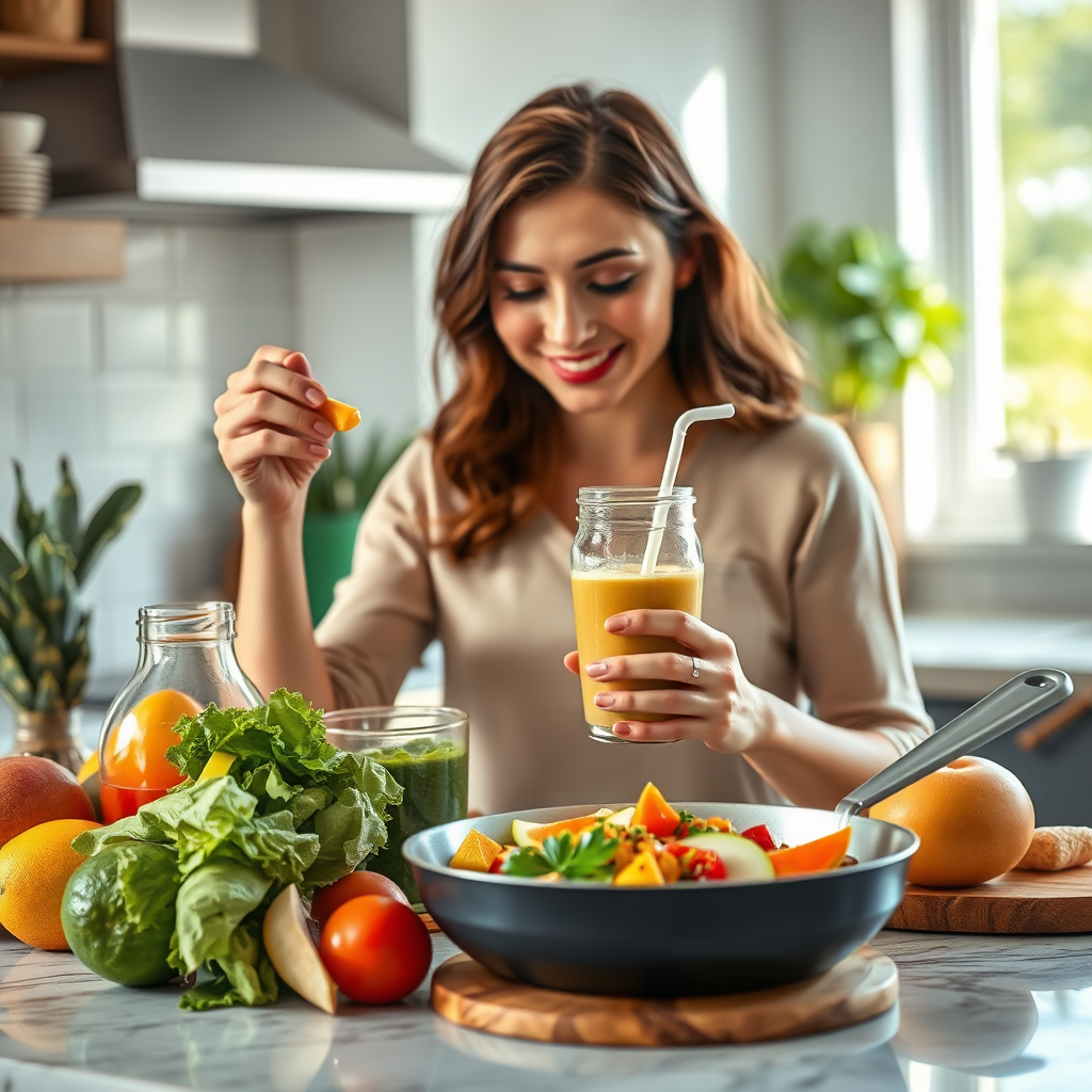 Create an image representing a quick and nourishing meal. The scene should depict a woman preparing a healthy smoothie or a simple, one-pan meal in her kitchen. The ingredients are fresh and colorful. The lighting is bright and natural, showcasing the ease of preparation. The color palette includes a variety of vibrant colors from the fruits, vegetables, and other ingredients. Camera angle: close-up shot, emphasizing the preparation of the meal. Texture details should be realistic, highlighting the textures of the ingredients and the cooking utensils. Style reference: Food photography, healthy eating. Technical Specs: 4K resolution, high quality.
