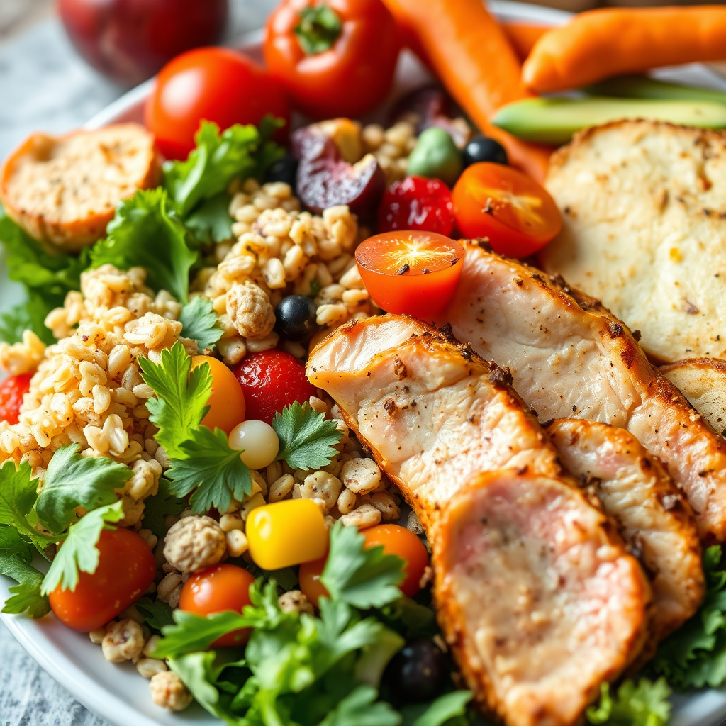 Create an image representing a balanced and nutritious diet. The scene should depict a colorful plate filled with a variety of healthy foods, including vegetables, fruits, whole grains, and lean protein. The lighting is bright and natural, showcasing the freshness of the ingredients. The color palette includes a variety of vibrant colors from the vegetables, fruits, and protein. Camera angle: close-up shot, emphasizing the details of the food. Texture details should be realistic, highlighting the textures of the different ingredients. Style reference: Food photography, healthy eating. Technical Specs: 4K resolution, high quality.