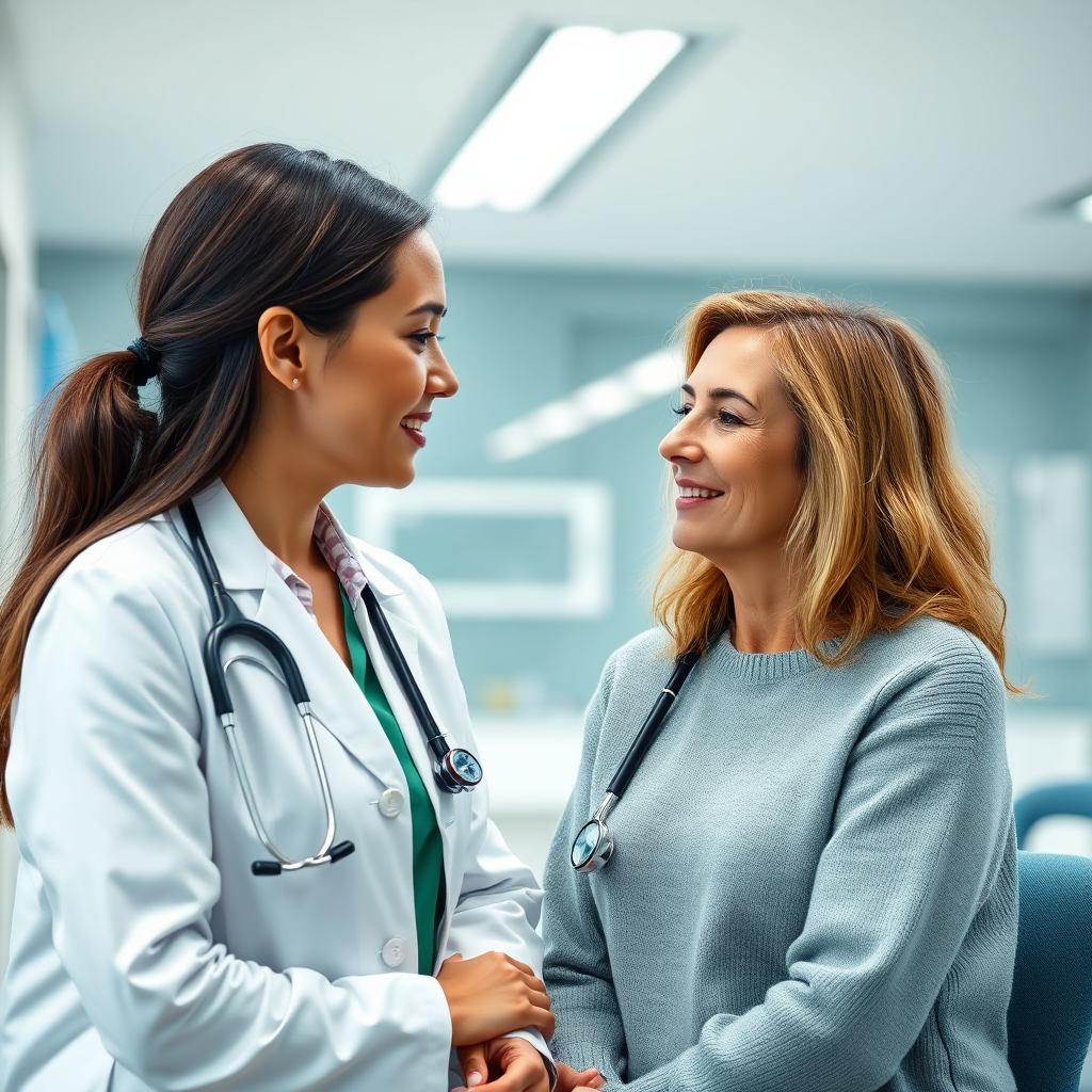 Create an image representing expert advice and guidance. The scene should depict a woman consulting with a doctor or healthcare professional, with a supportive and empathetic expression. The background is a clean and modern office environment. The lighting is professional and reassuring. The color palette should include calming blues and greens. Camera angle: medium shot, capturing the interaction between the woman and the healthcare professional. Texture details should be realistic, showcasing the textures of the clothing, the office furniture, and the medical equipment. Style reference: Medical or lifestyle photography. Technical Specs: 4K resolution, high quality.