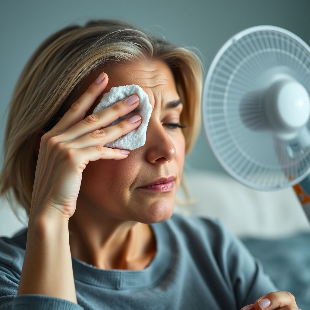 Create an image representing immediate relief from hot flashes. The scene should depict a woman holding a cool compress to her forehead, with a gentle fan blowing on her face. The background is blurred, suggesting a sudden onset of discomfort. The lighting is cool and soothing, emphasizing the relief. The color palette should include shades of blue and white to represent coolness. Camera angle: close-up shot, focusing on the woman's face and the compress. Texture details should be realistic, highlighting the textures of the compress and the skin. Style reference: Medical or lifestyle photography. Technical Specs: 4K resolution, high quality.