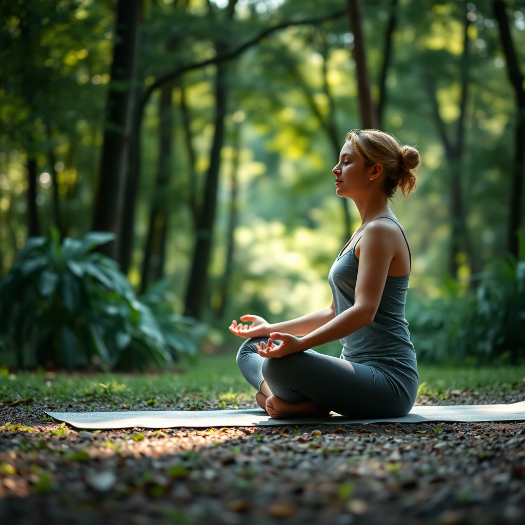 Create an image representing relaxation and stress management. The scene should depict a woman practicing mindful meditation in a peaceful setting. She is sitting cross-legged on a yoga mat in a serene garden or forest. The lighting is soft and diffused, creating a calming atmosphere. The color palette should include calming greens, blues, and earthy tones. Camera angle: medium shot, focusing on the woman and her surroundings. Texture details should be realistic, showcasing the textures of the yoga mat, the clothing, and the natural environment. Style reference: Wellness and lifestyle photography. Technical Specs: 4K resolution, high quality.