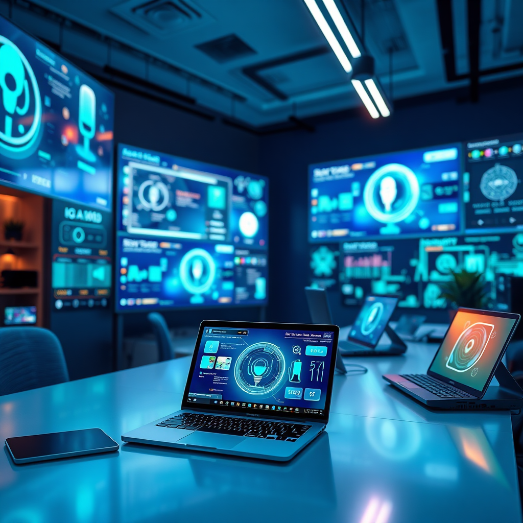 Design a photorealistic image that captures the spirit of Ayaa Digital’s mission, depicting a diverse group of professionals collaborating in a vibrant workspace. Use warm lighting to create an inviting atmosphere, with a color palette that includes earthy tones and pops of color from digital devices. Showcase tools such as laptops and tablets displaying digital products, with accessories like sketchpads and color palettes around. The camera angle should be slightly tilted to add a modern touch. Ensure the image feels high-quality, aiming for 4K resolution.