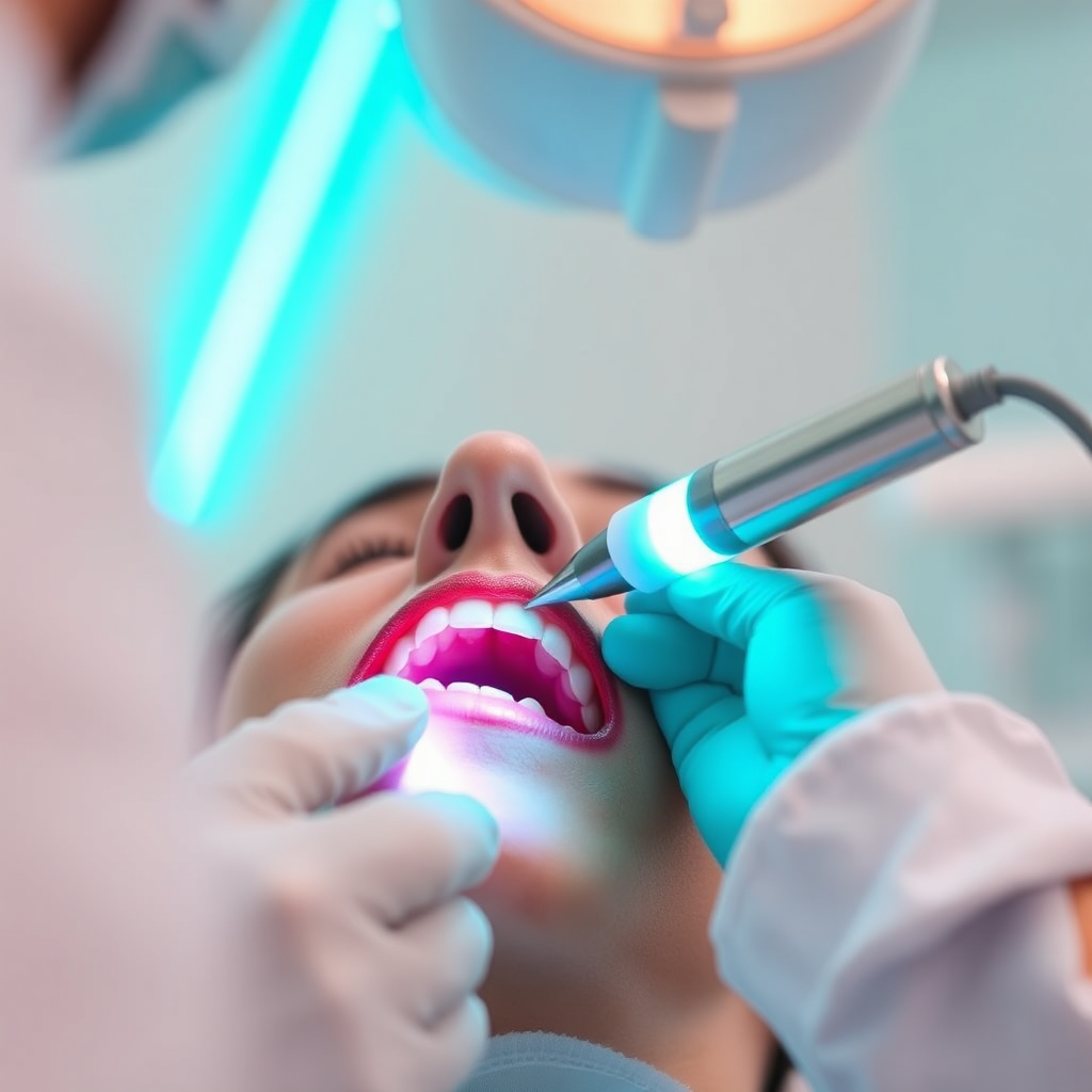 A depiction of a dentist using a laser device to perform a dental procedure. The laser emits a gentle, focused light, highlighting the precision of the treatment. The scene is well-lit, with a focus on the laser and the surrounding area. The color palette is clean and modern, using shades of white, blue, and green to create a sense of calm and innovation. The camera angle is a close-up, emphasizing the details of the laser treatment. The overall style conveys the minimally invasive and precise nature of laser dentistry.