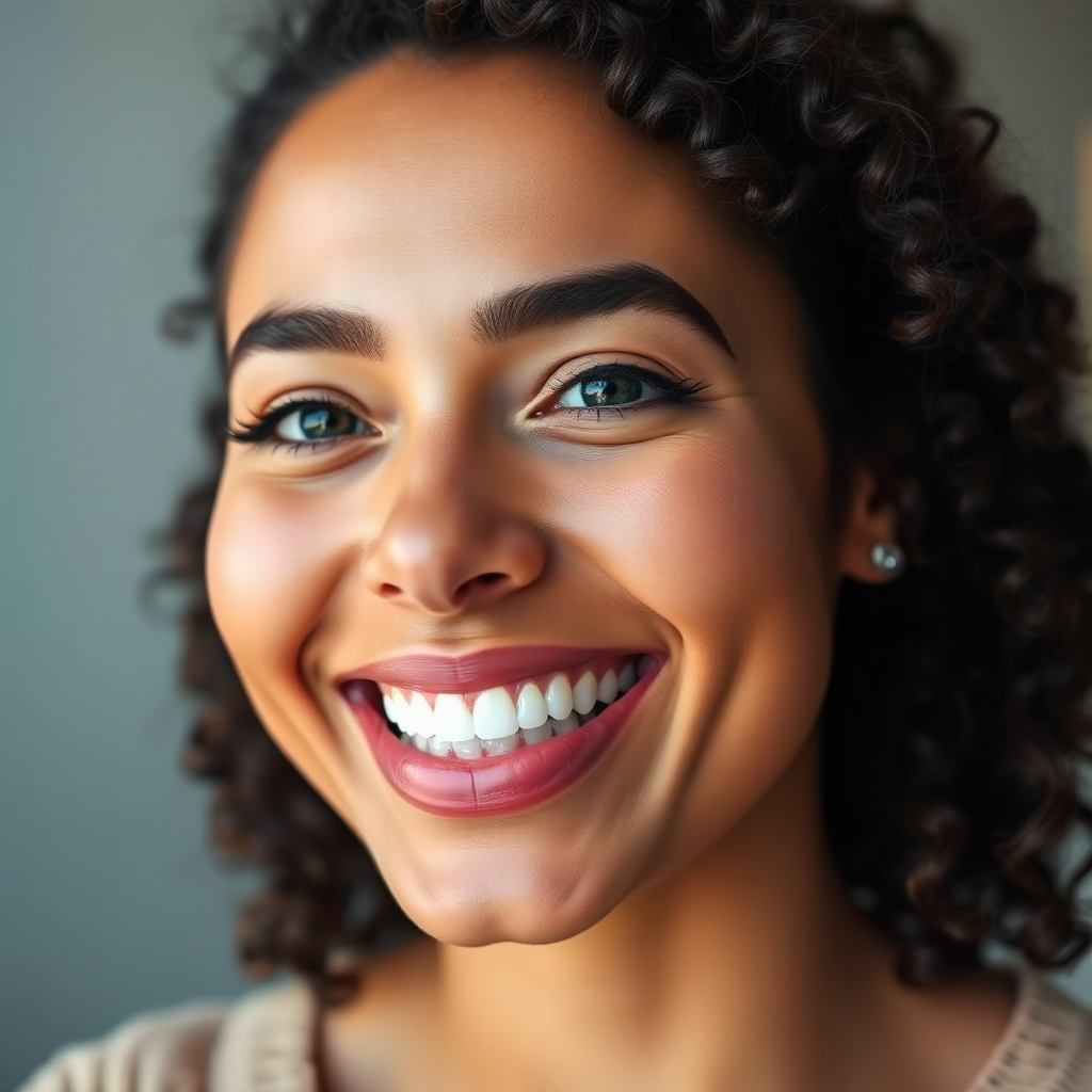 A person smiling confidently, wearing nearly invisible Invisalign aligners. The image should focus on the smile, showcasing the subtle and discreet nature of Invisalign. The lighting should be bright and flattering, highlighting the natural beauty of the smile. The color palette is clean and modern, using soft, neutral tones. The camera angle is a close-up, emphasizing the alignment of the teeth and the invisibility of the aligners. The overall image should convey comfort, confidence, and ease of use.