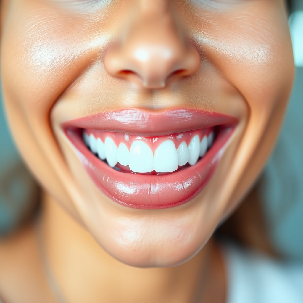A vibrant and healthy smile takes center stage in this image. The lips are perfectly shaped, with glistening, white teeth. The background is a soft, blurred bokeh effect creating a gentle and pleasant ambiance. The lighting should be bright and flattering, highlighting the natural contours and radiance of the smile. The color palette is clean and fresh, predominantly white and soft pinks. The camera angle is a close-up, emphasizing the details of the teeth and lips. Overall the image should evoke a feeling of confidence, health, and beauty.